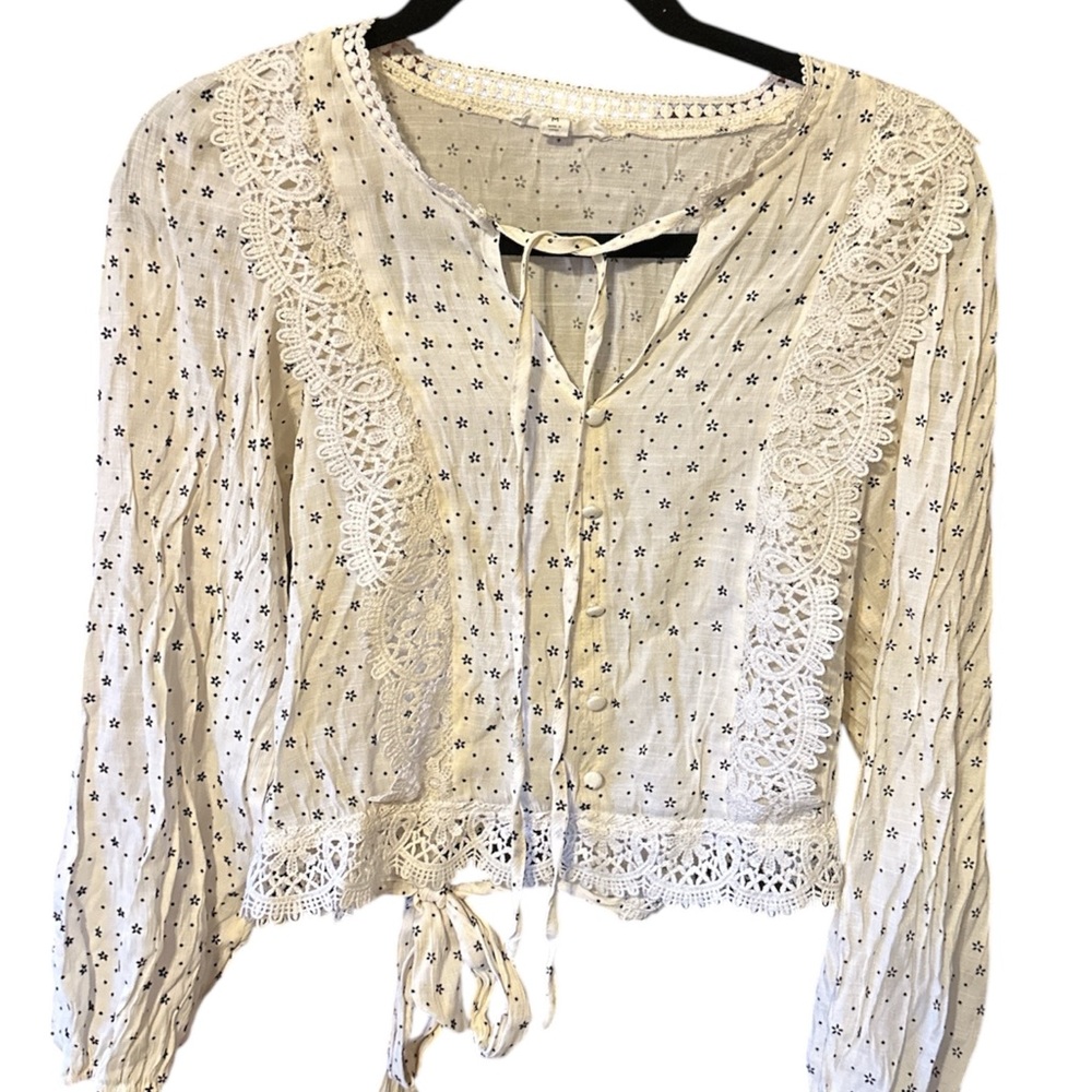 Mine Cream Tie Front Embellished Blouse with Mandarin Collar
